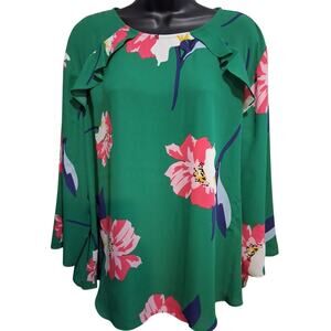 Van Heusen Shirt XL Green Floral Ruffle Blouse Office Casual Women's Top